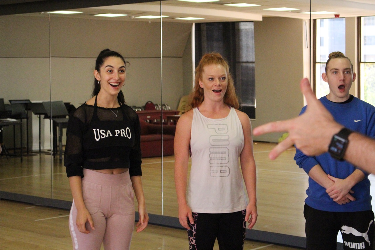 Nicolette Fernandes, Chloe Perling and Devin Butterworth rehearse for THE PRODUCERS